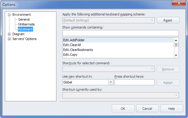 Displaying the Keyboard page in the Options dialog