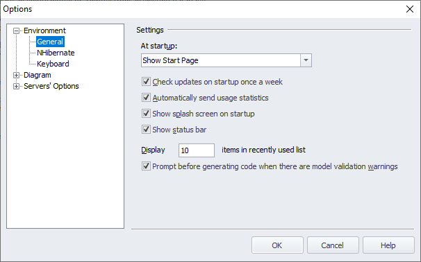 Displaying the General page of the Options dialog