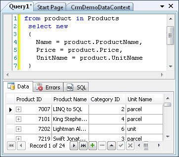 LINQ query editor with product results table below