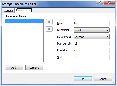 Storage Procedure Editor Parameters