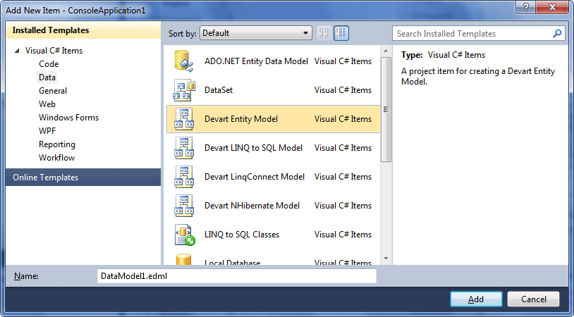 Displaying the Add New Item page for creating a Devart Entity Model