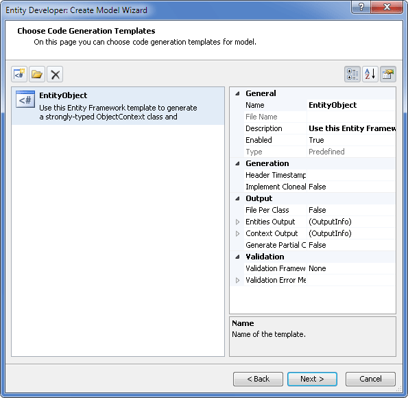 Displaying the Choose Code Generation Templates page