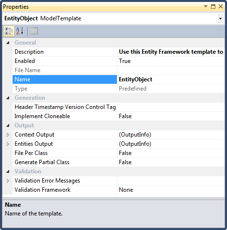 Displaying the Properties dialog for the selected template