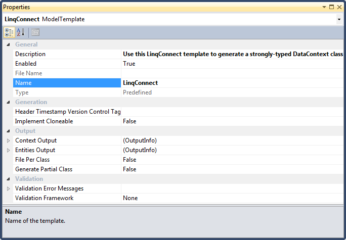 Template properties in the Properties window
