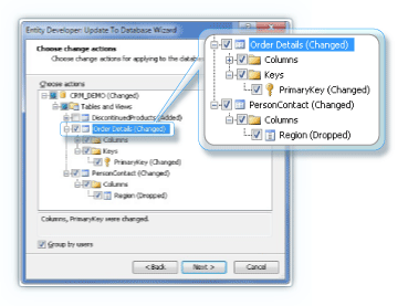 Database update dialog with table changes