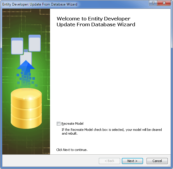 Displaying the Welcome to Entity Developer Update From Database Wizard