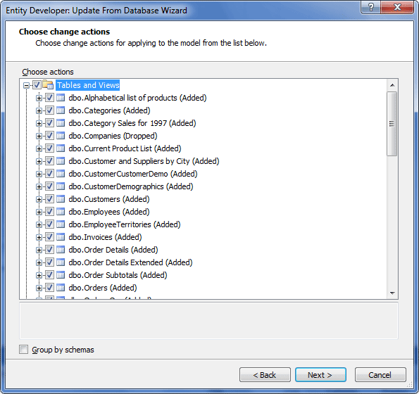 Displaying the Choose change actions page