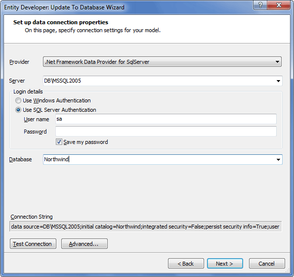 Set up data connection properties page