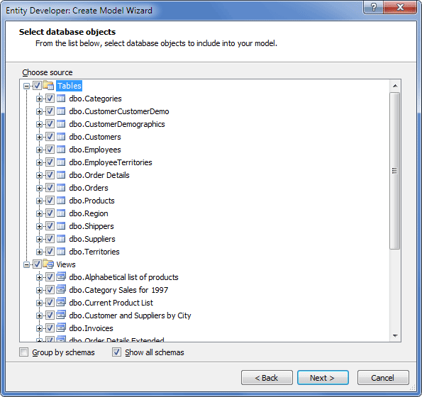 Select database objects