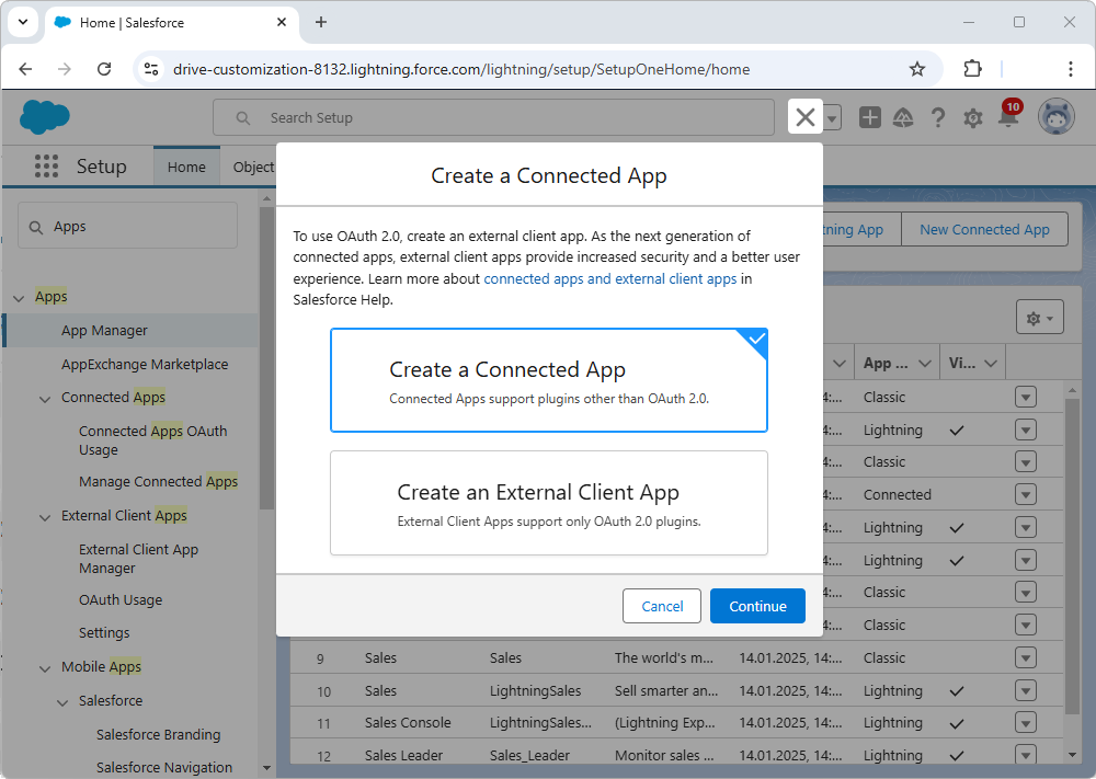 Create connected app