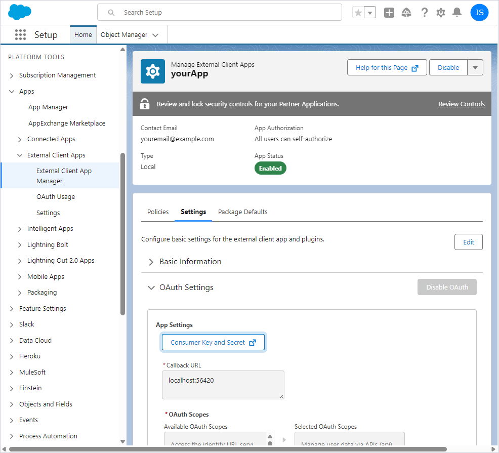 Settings for the consumer key and secret