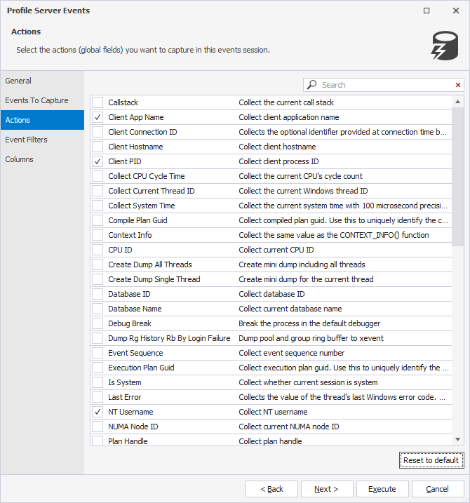 Actions page of the Profile Server Events wizard