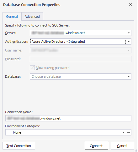 Connecting to the Azure database with Azure Active Directory - Integrated