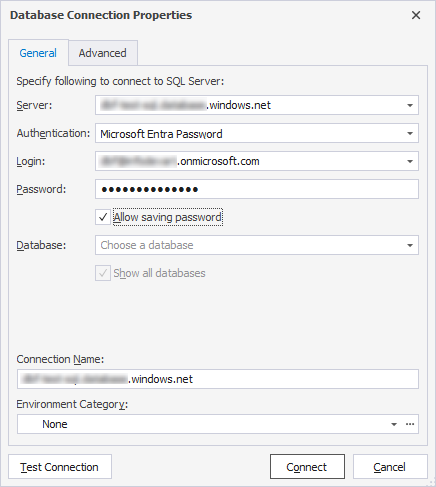 Connecting to the Azure database with Azure Active Directory - Password