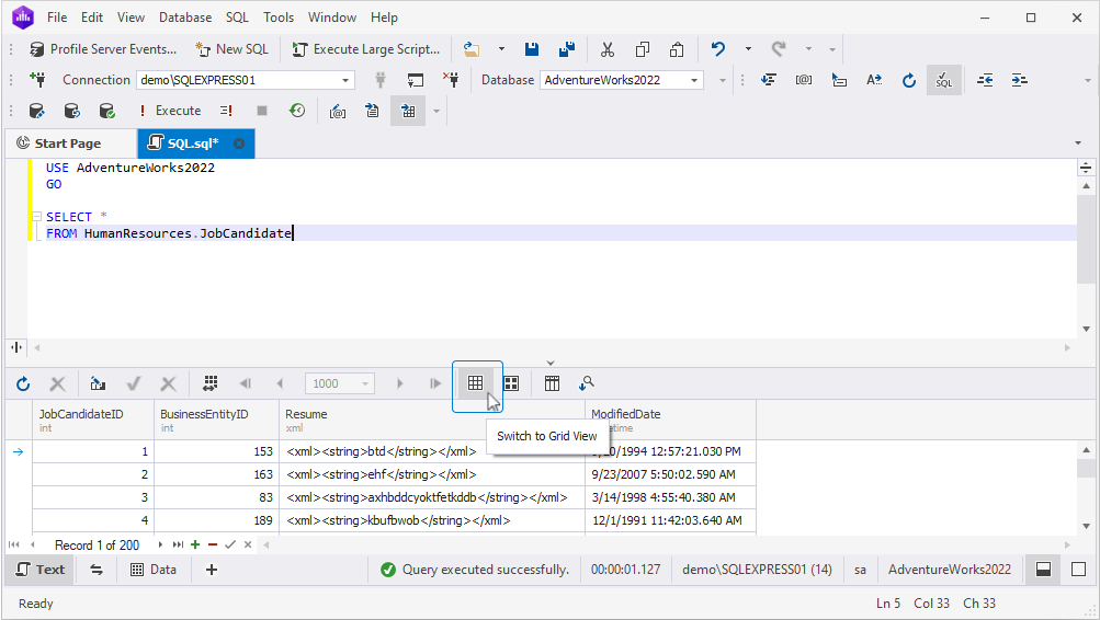 Query execution results in grid format