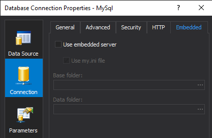 Embedded server settings on the Connection tab