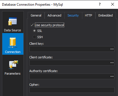 Security settings on the Connection tab