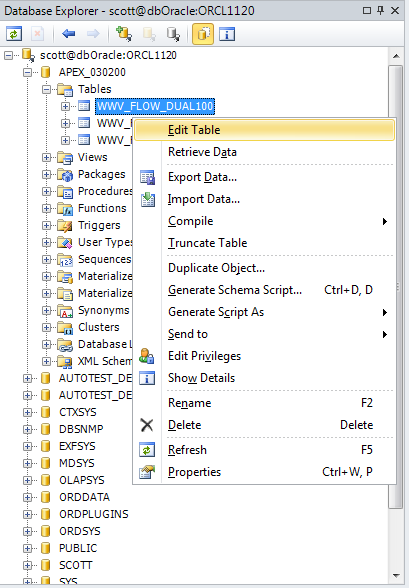 Database Explorer menu