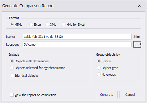 Generating Comparison Report