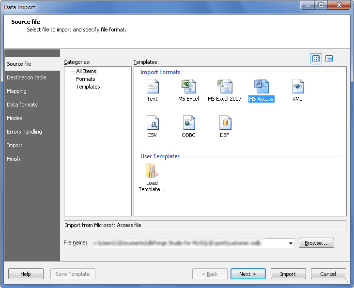 MS Access import format