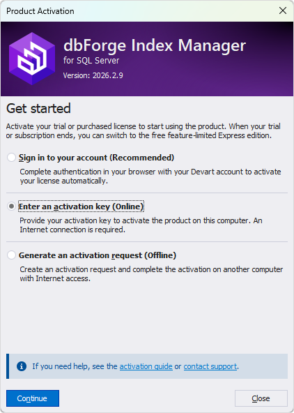Select the Enter activation key option