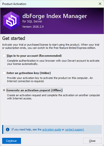 Select the Generate activation request option