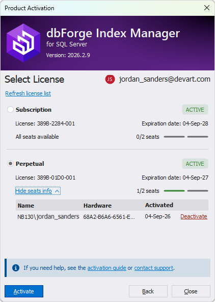 The Product Activation dialog - Multiple licenses