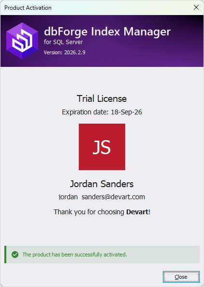 The Product Activation dialog - Successful activation of a trial license