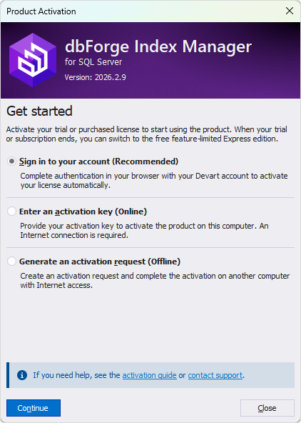 The Product Activation dialog - Sign in to your account