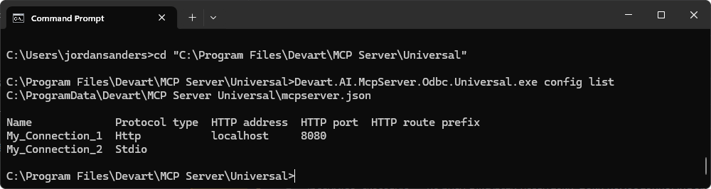 The output of the config list command