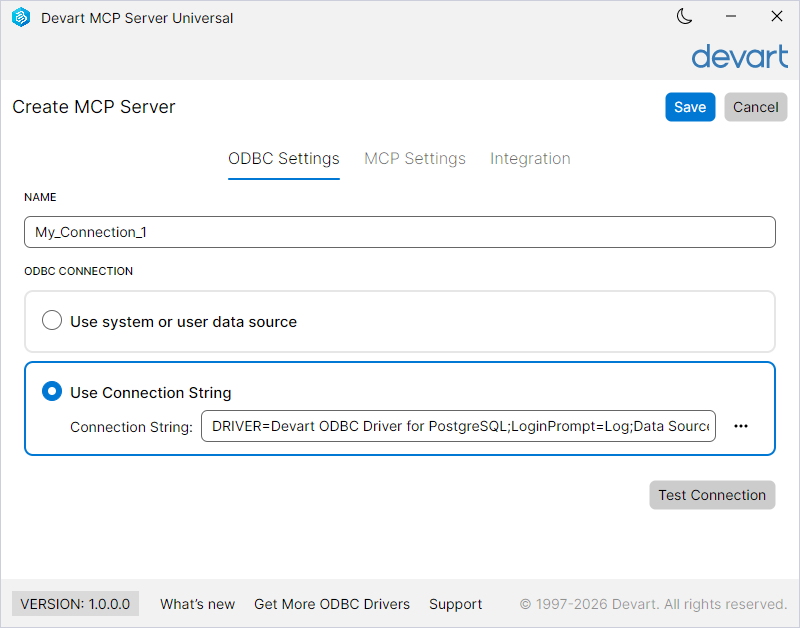 Create a new ODBC connection using a connection string