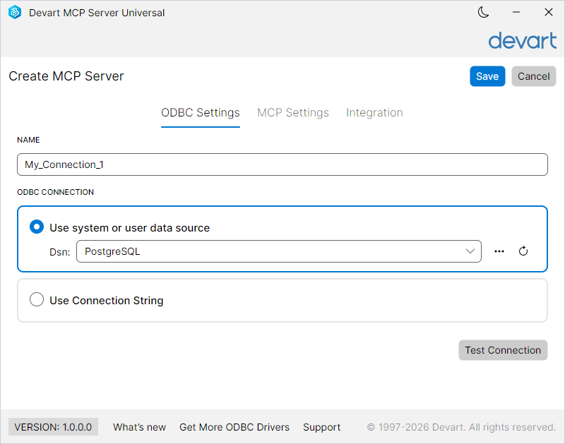Create a new ODBC connection using a preconfigured DSN