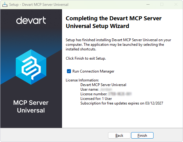 Finish installation of the Devart MCP Server Universal