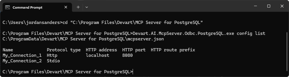 The output of the config list command