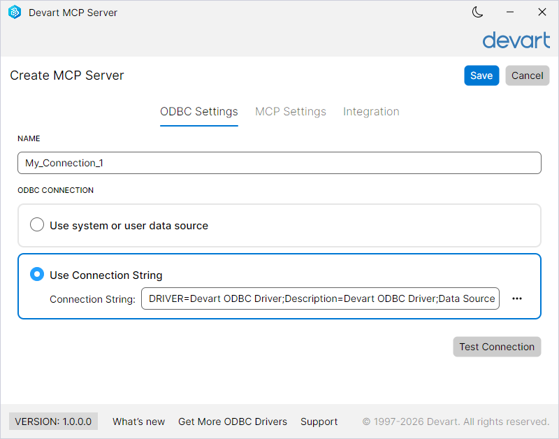Create a new ODBC connection using a connection string