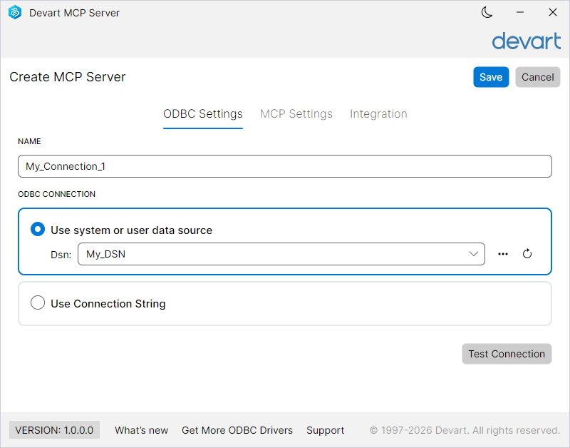Create a new ODBC connection using a preconfigured DSN