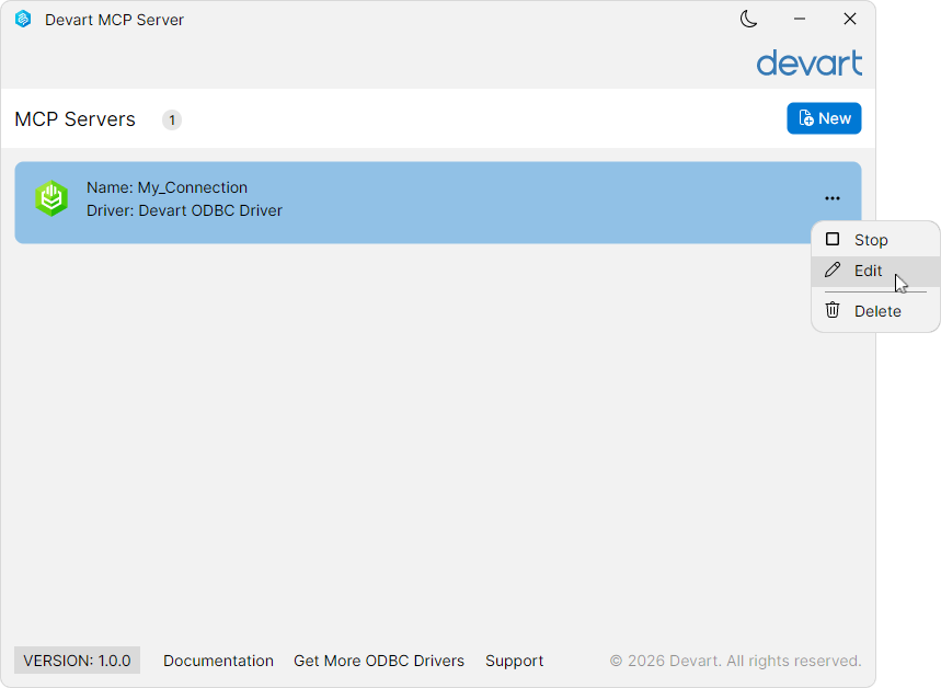 Devart MCP Server window showing a selected connection, with the Edit option highlighted in the three-dot menu.