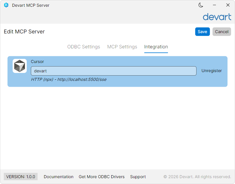 Edit MCP Server screen showing the Integration tab, with Cursor registered.