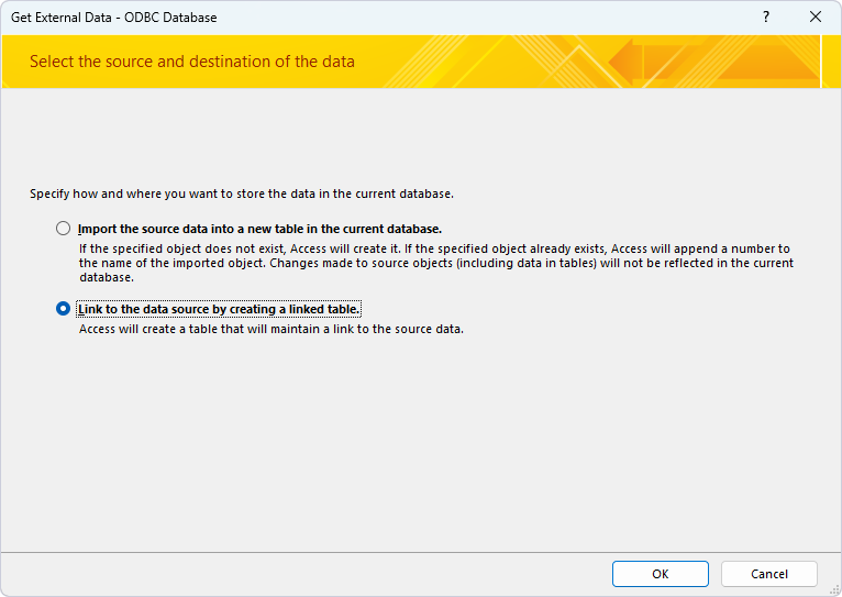 Select Link to the data source by creating a linked table