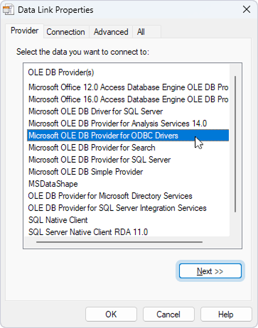 The Data Link Properties dialog with the opened Provider tab