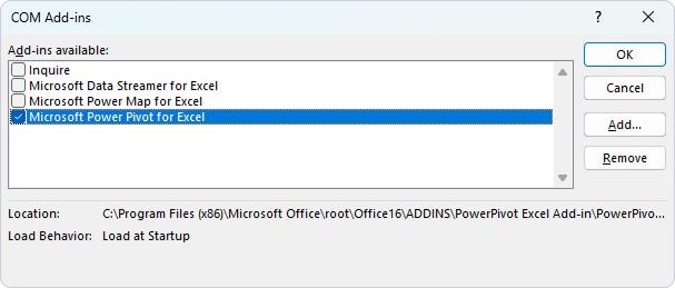 Select Microsoft Power Pivot for Excel in COM Add-ins