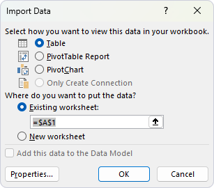 Specify the options in the Import Data dialog
