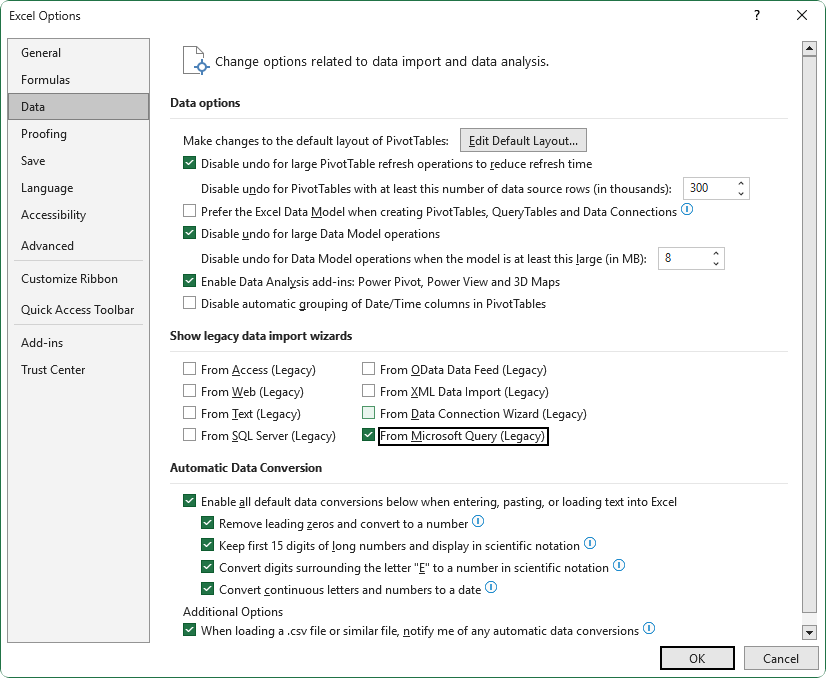 Select From Microsoft Query (Legacy) in Excel Options