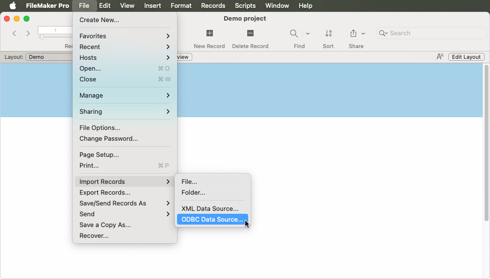 An opened file in FileMaker Pro with the extended File menu and Import Records submenu