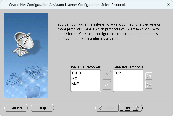 Oracle Net Configuration Assistant: Listener Configuration, Select Protocols