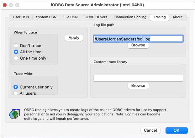 Enable ODBC tracing on macOS