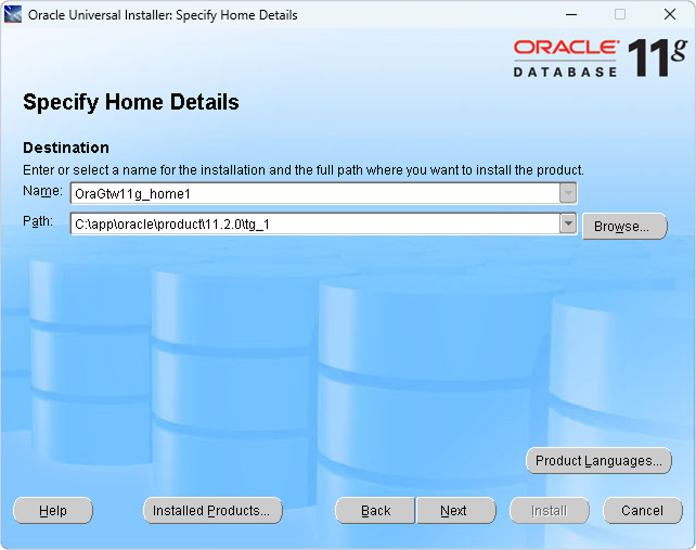 Specify Oracle Database Gateway name and destination folder