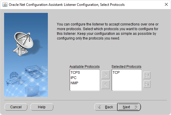 Oracle Net Configuration Assistant: Listener Configuration, Select Protocols