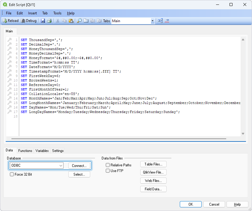 The Edit Script dialog with the selected ODBC option in the Database field