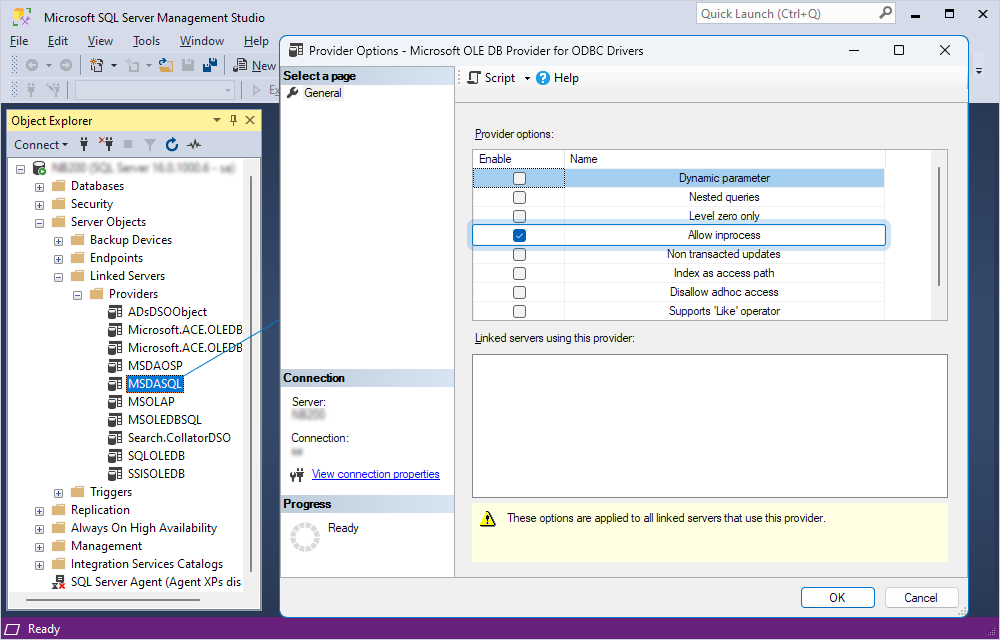 The Provider Options dialog for Microsoft OLE DB Provider for ODBC Drivers